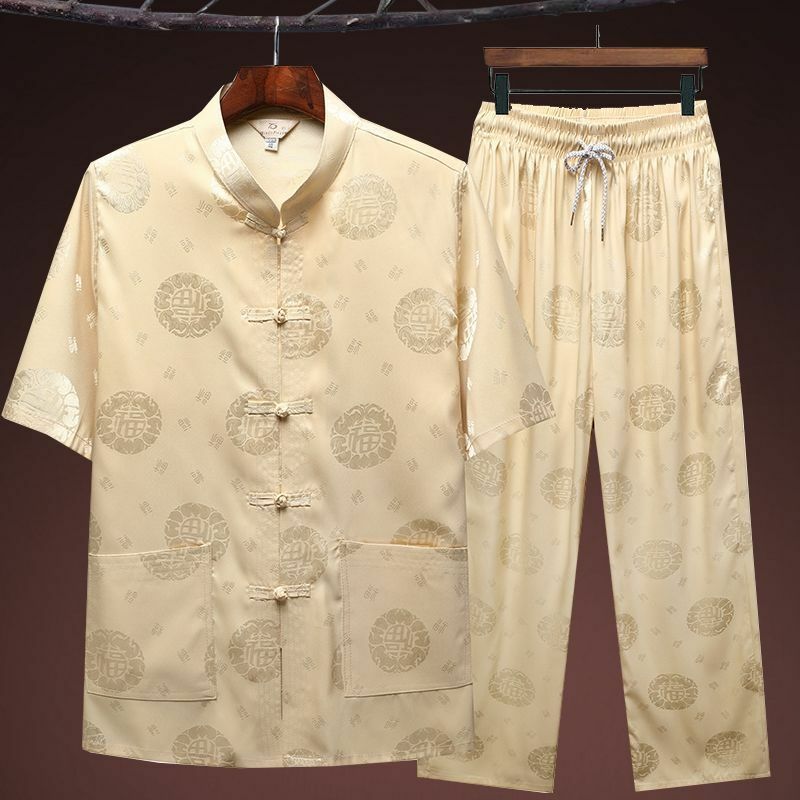 Verão chinês Ice Silk Médio e Idosos Tang Suit Men's Short Sleeve Two Piece Set Dad's Silk Shirt Avô Manhã Exercício