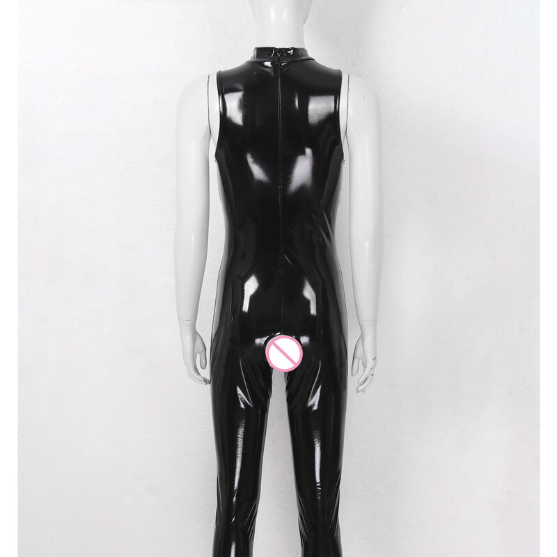 Womens Skinny Teddies Jumpsuits Pole Dancing Clubwear Sleeveless Open Cups Catsuit Glossy Patent Leather Crotchless Bodysuit