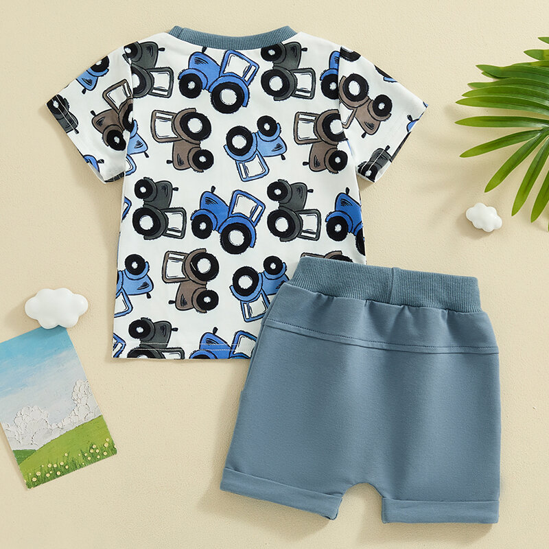 2024-03-26 lioraitiin 0-3Y Toddler Boy Summer Outfit Truck Print Short Sleeve Pocket T-Shirt with Solid Color Shorts