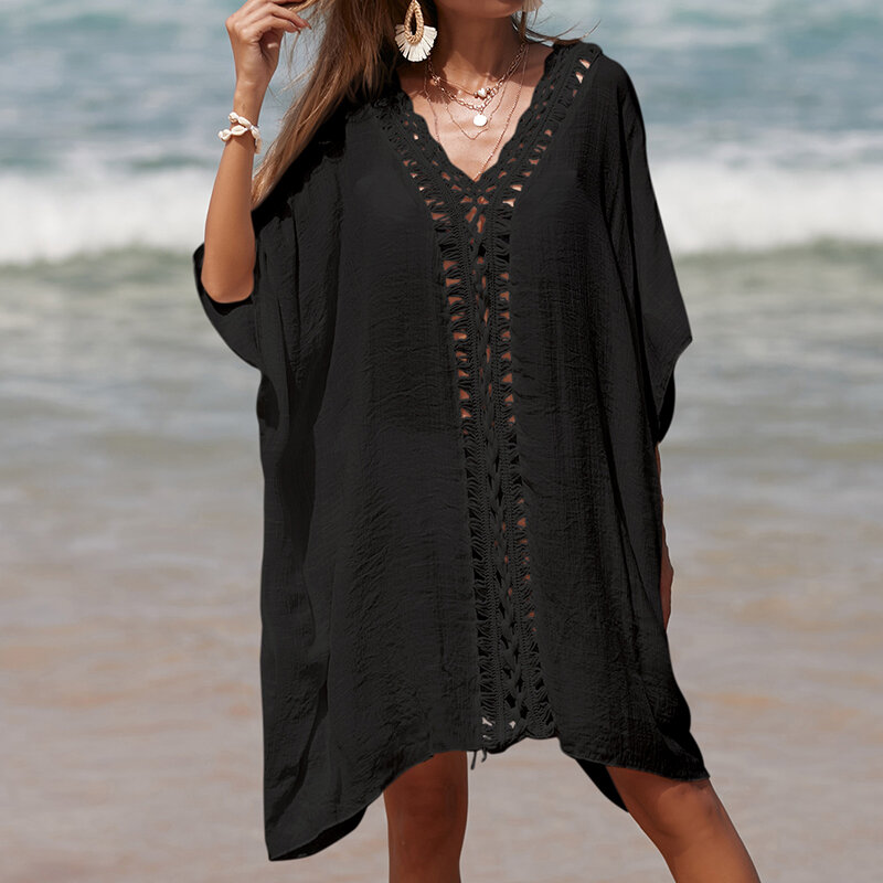 Fitshinling-toalha de praia artesanal de crochê encobrir saia transparente sexy boêmio feminino, maiô patchwork, novo estilo, verão, 2024