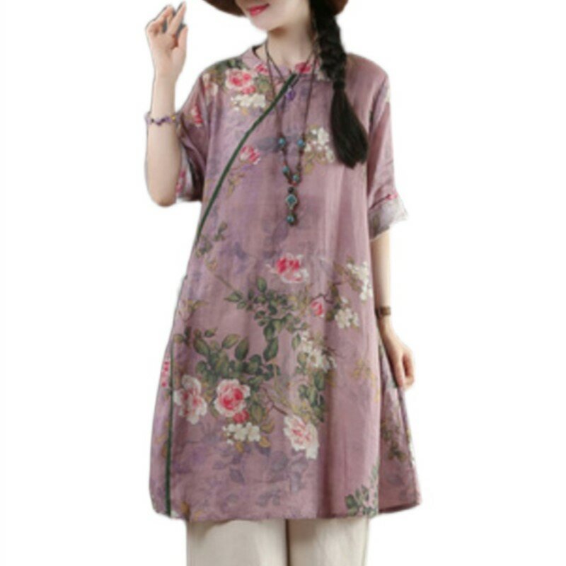 Robe mi-longue en coton et lin pour femme, chemise rétro, impression de fleurs, At Niche Ary