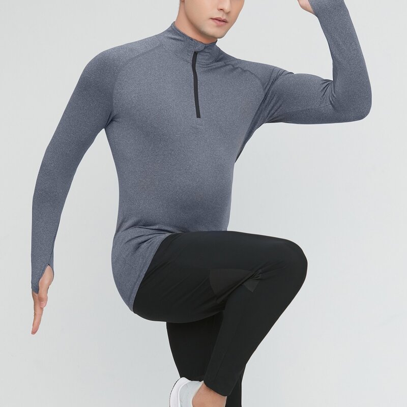 Men Sport T Shirt Light Thin Moisture Wicking Breathable Sportswear Male Fitness 1/4 Zip Pullover Long Sleeve Running Tight Top