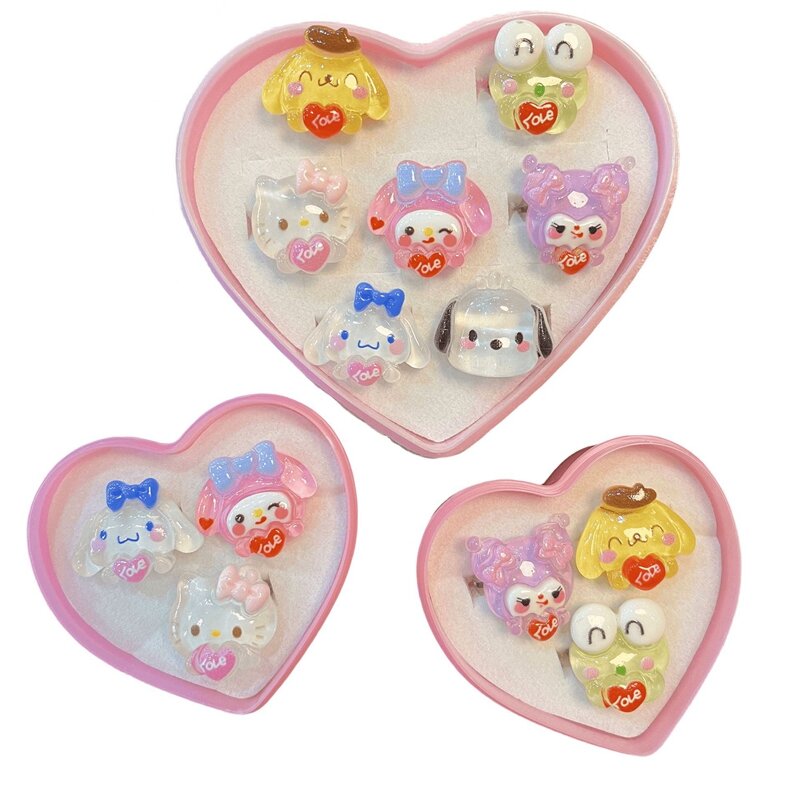Sanrio Ring Kuromi Hello Kitty ของฉันน่ารักอะนิเมะ Cinnamoroll แหวนปรับได้พร้อมกล่องรักเด็กผู้หญิงตกแต่งหัวใจของเล่นของขวัญ