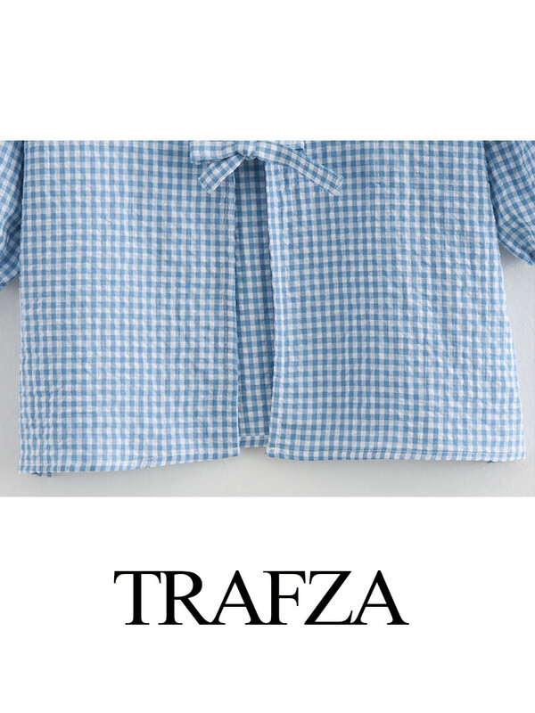 TRAFZA-Camisa feminina elegante com laço oco Vintage Slim, estampa xadrez, manga curta, blusa gola V, roupa de rua superior, verão