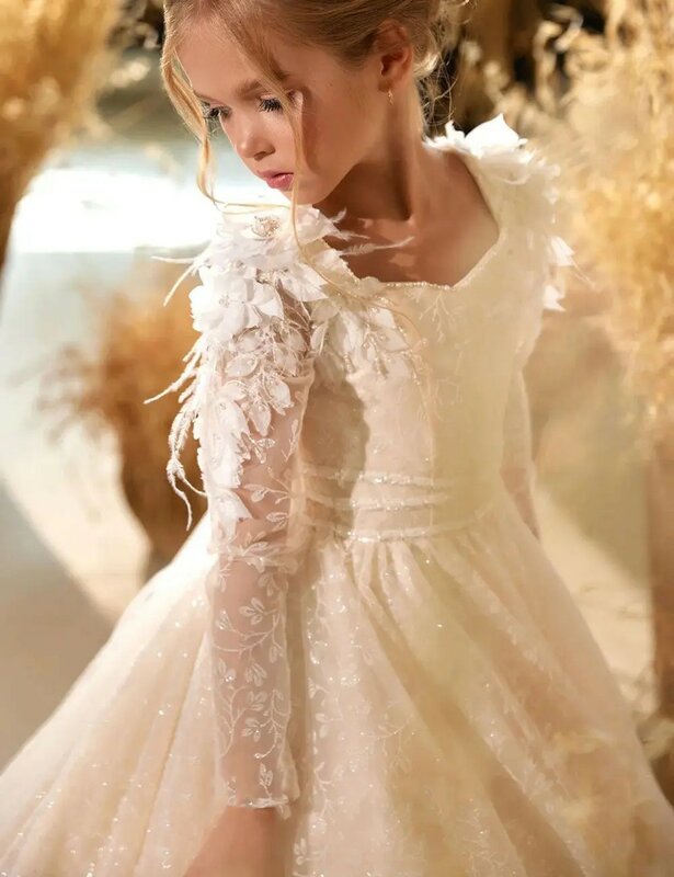 Lujoso vestido de niña de flores de manga larga con apliques de plumas y perlas de lentejuelas para boda, vestido de fiesta de cumpleaños de primera eucarista para niños