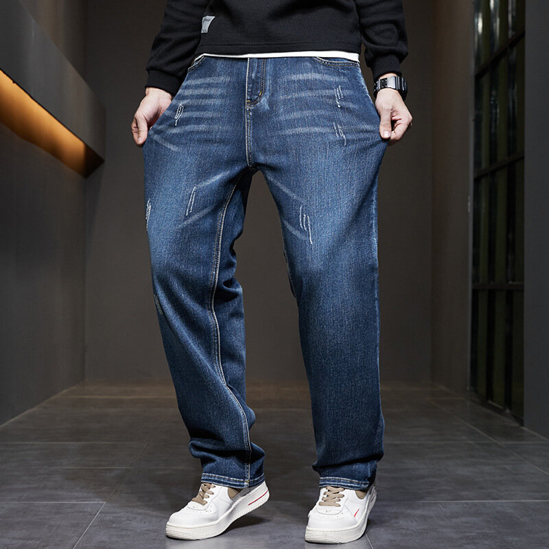 Plus rozmiar 42 niebieskie dżinsy proste męskie luźne Cargo spodnie dżinsowe jesienne ubrania codzienne spodnie Haroun męskie spodnie