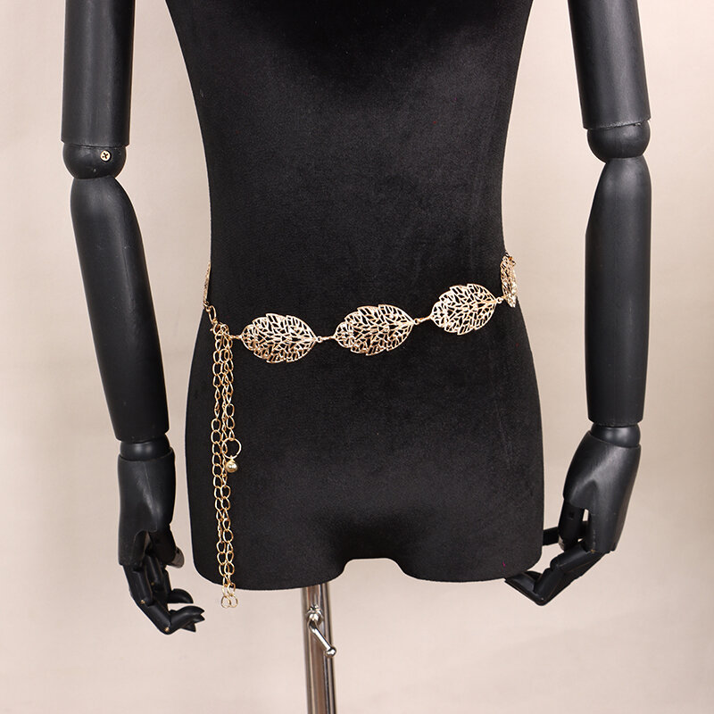 Cinto de corrente oco em forma de folha para mulheres, elegante cintura metálica para senhoras, vestido de noiva, cinta dourada e prateada, 1 peça