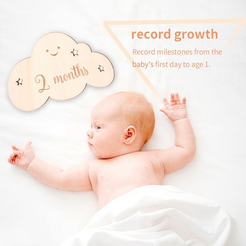 Juego de 8 tarjetas conmemorativas de madera con forma de nube para bebé, accesorios para fotos de recién nacido