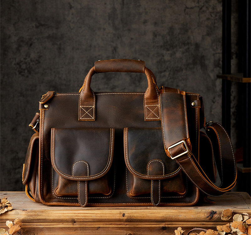 Luxury Genuine Leather Men Briefcase Cow Leather Handbag Retro Shoulder Crossbody Bag High Capacity Male Travel Messenger Bag