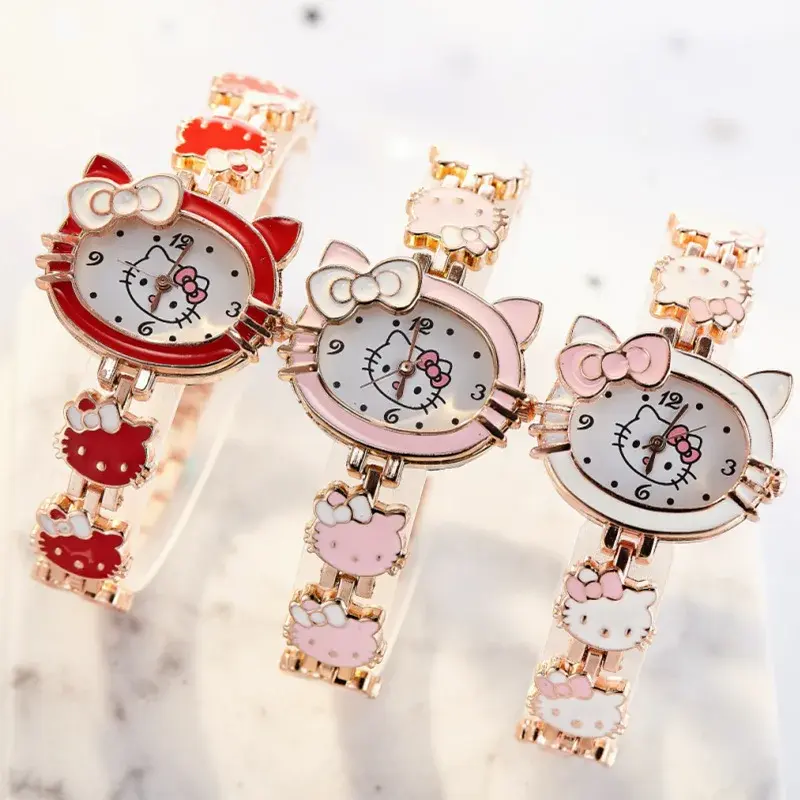 Sanrio Fashion Hello Kitty Quartz Watch para crianças, estudante, pulseira de aço, pulseira feminina, eletrônica, presente criativo
