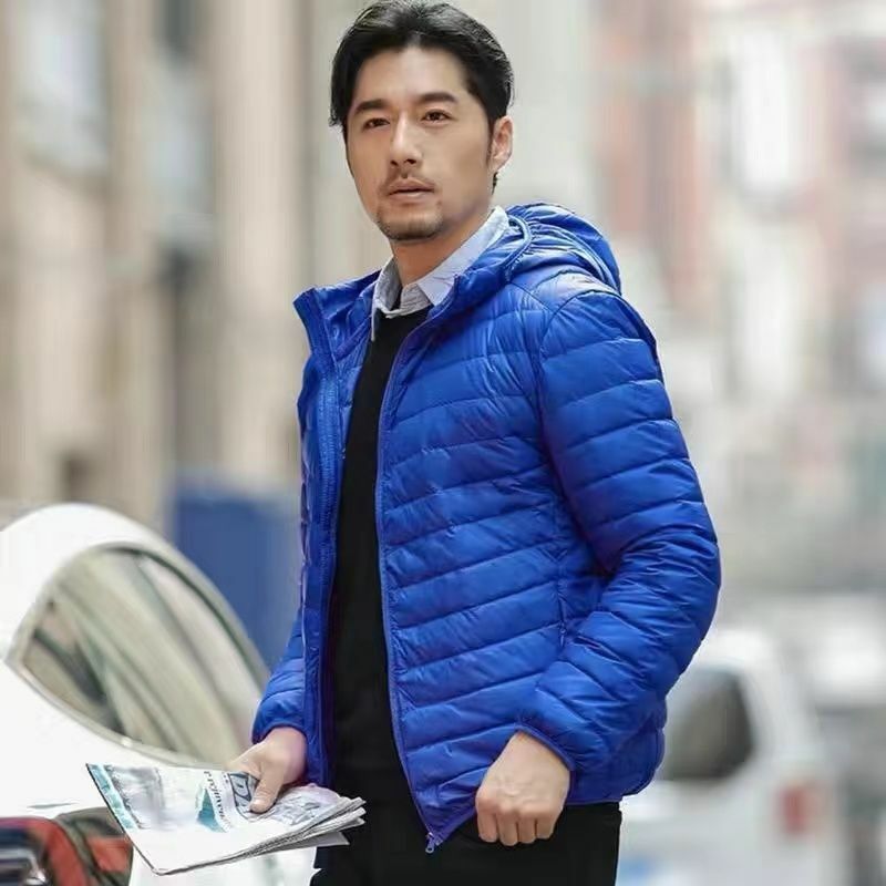 Winter Male Fashion Lightweight Down Jacket Men Warm Cold-Proof Large Size Stand Collar Hooded Outcoat Casual Solid Color Top