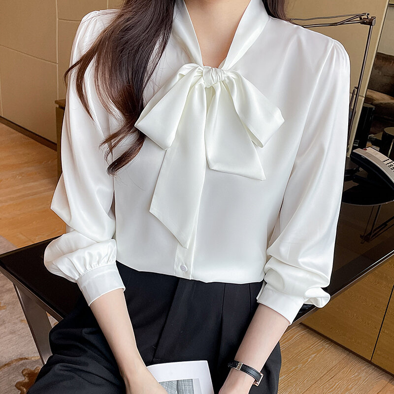 2024 Herfst Witte Lange Mouw Chiffon Shirt Dames Nieuwe Hangende Koreaanse Lint Top Zachte Stijl Shirts Dames Kleding