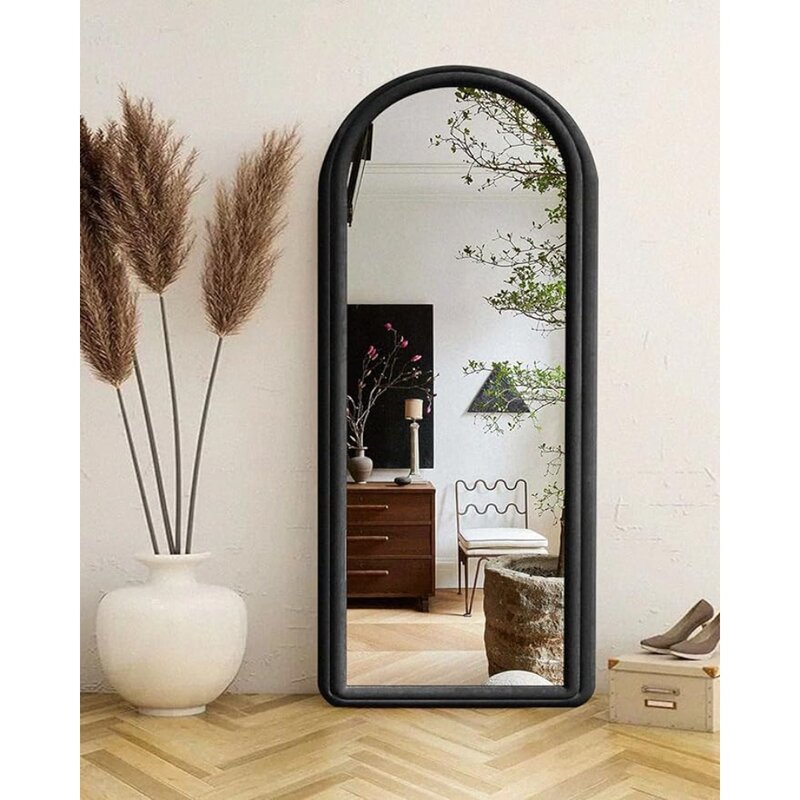 Espejo de piso de cuerpo completo, soporte de espejos arqueados, montados en la pared, marco de franela, negro