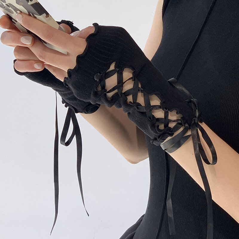 Y2k sarung tangan tanpa jari DIY Strapping lengan hangat jaring elastis lengan Lolita Jk Gothic Cosplay lengan pakaian aksesoris panas