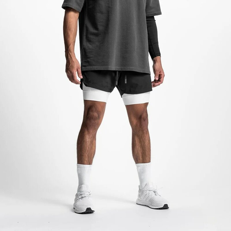 Pantalones cortos de compresión de rendimiento 2 en 1 para hombre, con bolsillos para el teléfono, transpirables, de secado rápido, para gimnasio, entrenamiento, ciclismo y correr