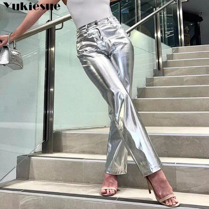 Hot Selling Products 2024 Fall Spring High Waist Women Candy Color Flare Pants Pu Leather Y2K Pants For Women trousers