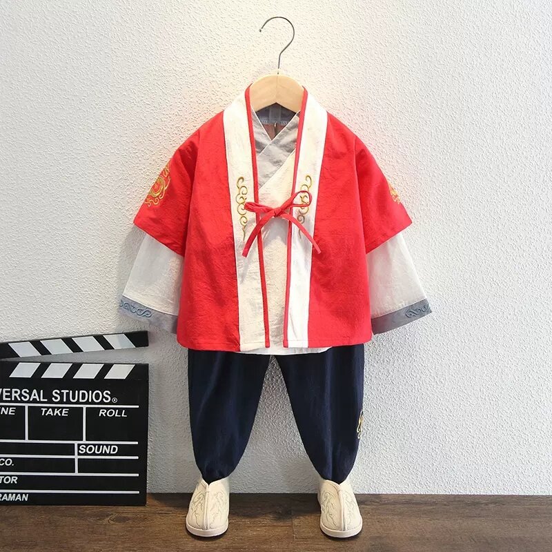 Hanfu – costume Tang pour garçon, trois ensembles, en coton et lin, imprimé rétro, Style chinois, printemps et automne