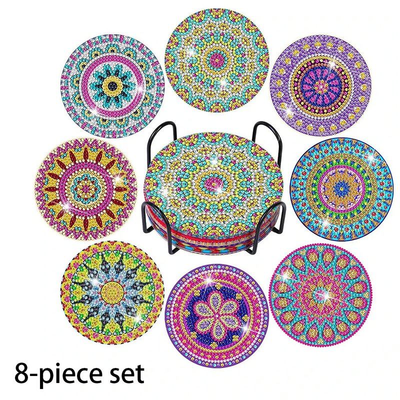 8-piece Set of DIY Diamond Painted Coasters with Mandala Pattern and Complimentary Cup Holder