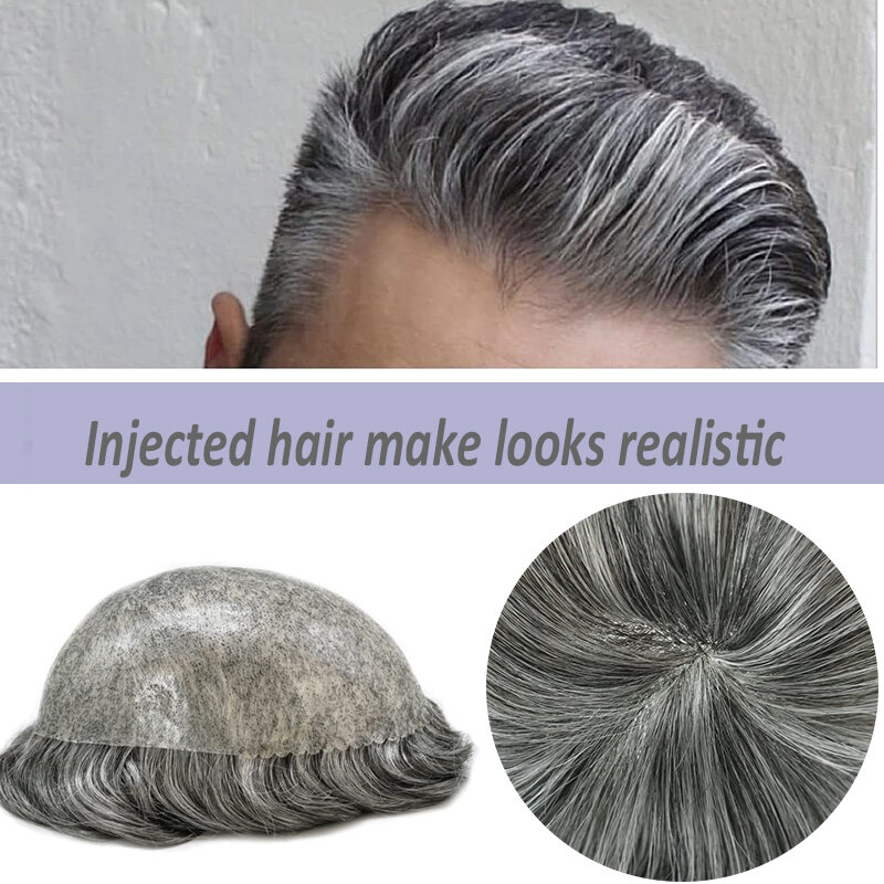 0.12-0.14 Injection Thin Skin PU Base Men's Wigs Male Hair Capillary Prosthesis 100% Human Hair Replacement System Hairpiece