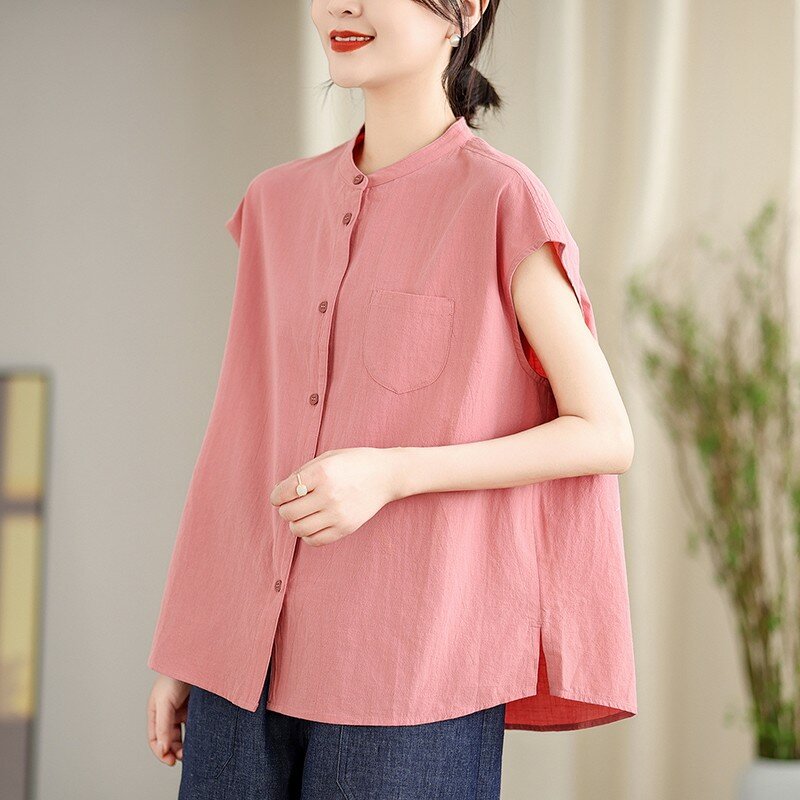 100% Cotton Casual Shirt Women New 2024 Summer Vintage Style O-neck Solid Color Loose Female Sleeveless Tops Shirts B3703