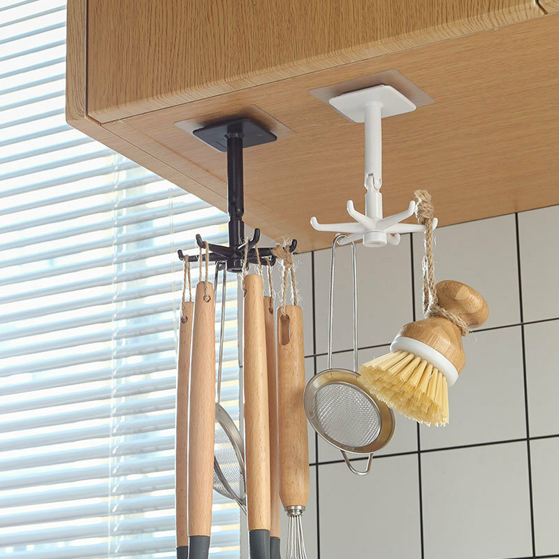 Colgador de utensilios de cocina con 6 ganchos, gancho giratorio de 360 grados, estante de almacenamiento sin perforaciones, gancho multiusos, 1 unidad