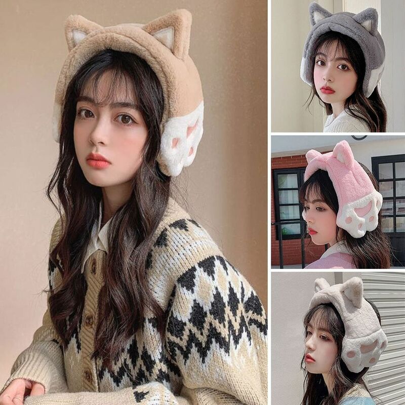 Cute Cat Women Fuzzy Earmuffs Winter Warm Plush Earmuffs Kawaii Ears Thick Headband Outdoor Earmuffs