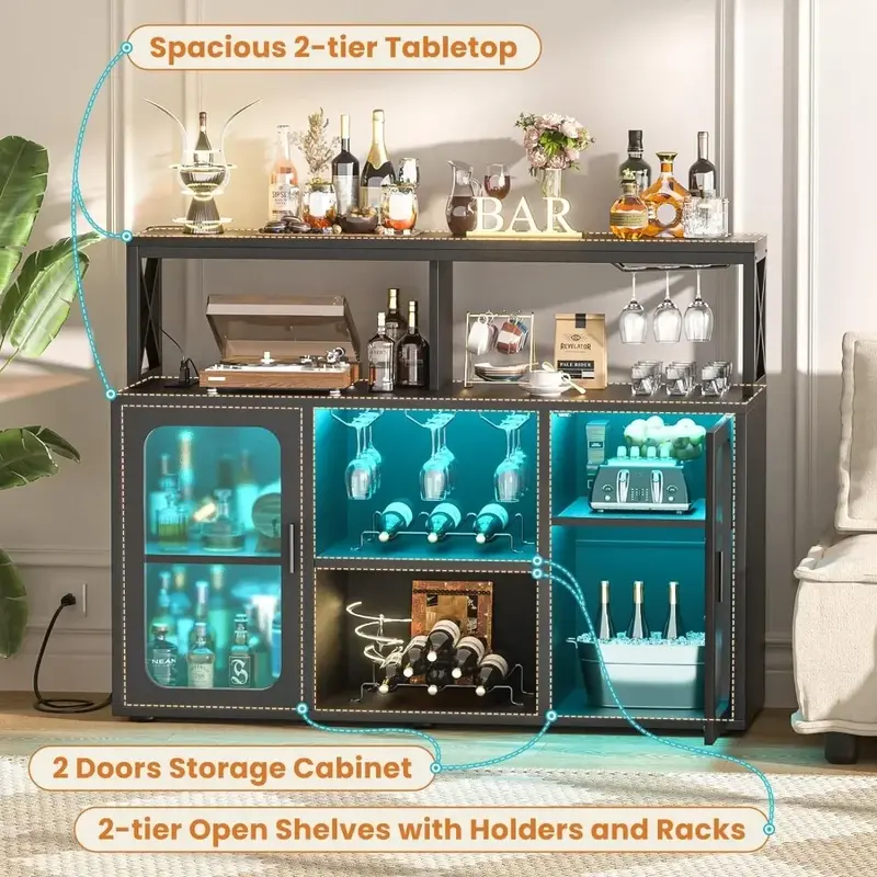 Armário do vinho com luzes conduzidas e suporte de vidro, tomada de USB incorporado, armário do licor preto, S1, família