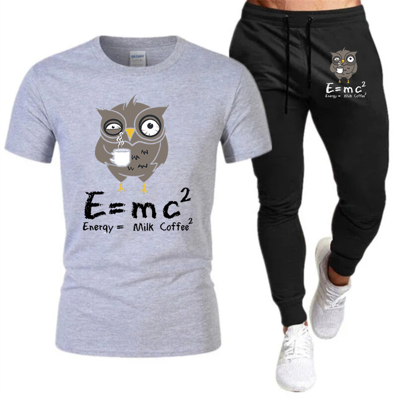 E MC2 Energy Milk Coffee Print Men's T-shirt and Jogging Pants Suit Hip Hop Clothing Casual Tracksuit Summer Men's Tshirts Sets