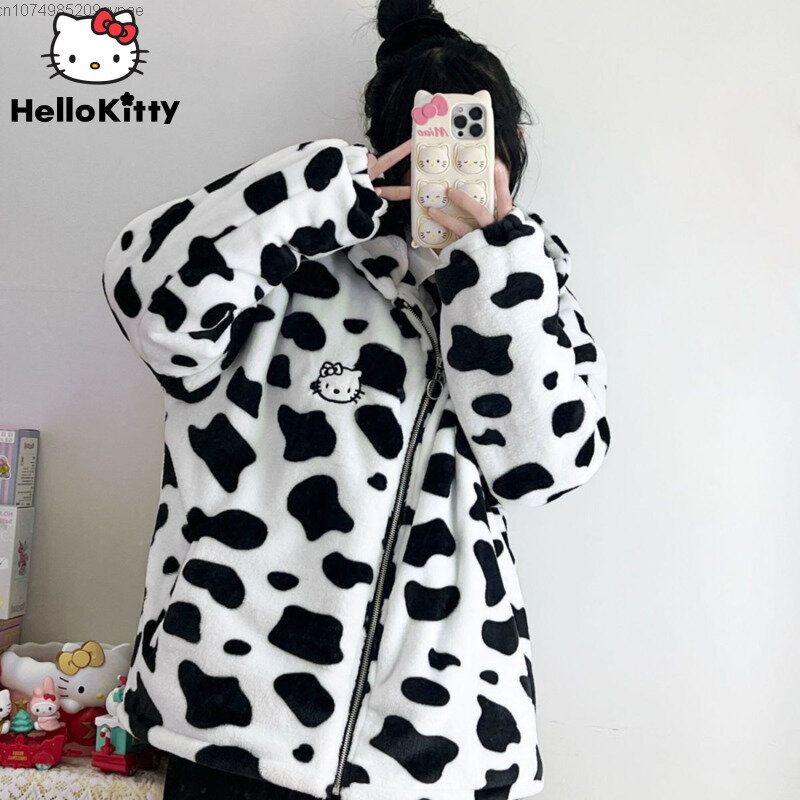 Sanrio Hello Kitty Hoodie Y2k Cow Pattern Cute Sweatshirt Sweet Girl Plush Clothes Loose Thickened Cardigan Tops Warm Coat Women