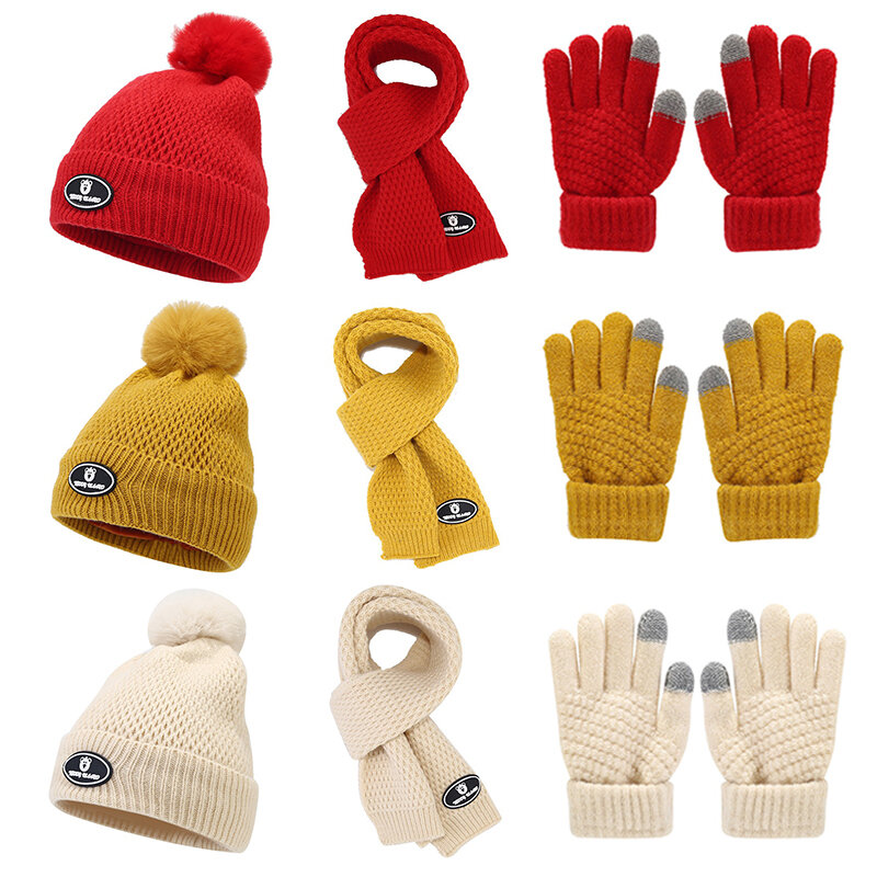 Topi rajut anak, 3 buah/Set, musim gugur musim dingin, topi Beanie, topi syal, topi Pom, aksesoris hangat luar ruangan