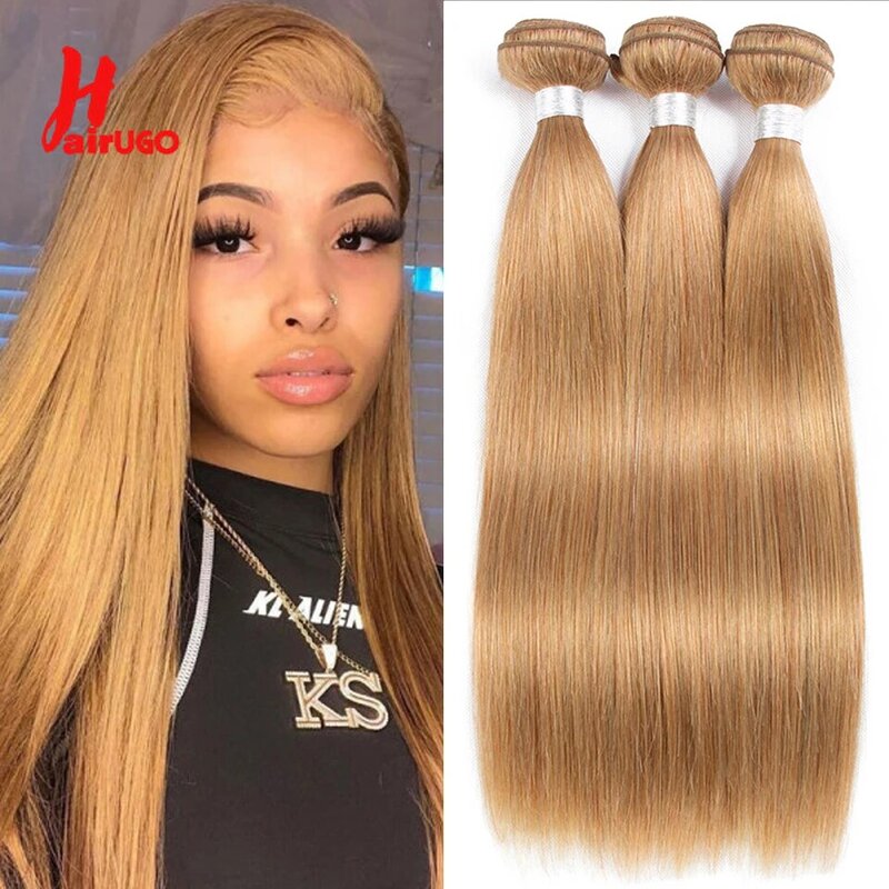 HairUGo #27 медово-светлые человеческие волосы для наращивания, Реми-волосы для плетения, предварительно окрашенные бразильские Прямые искусственные волосы #27 для плетения