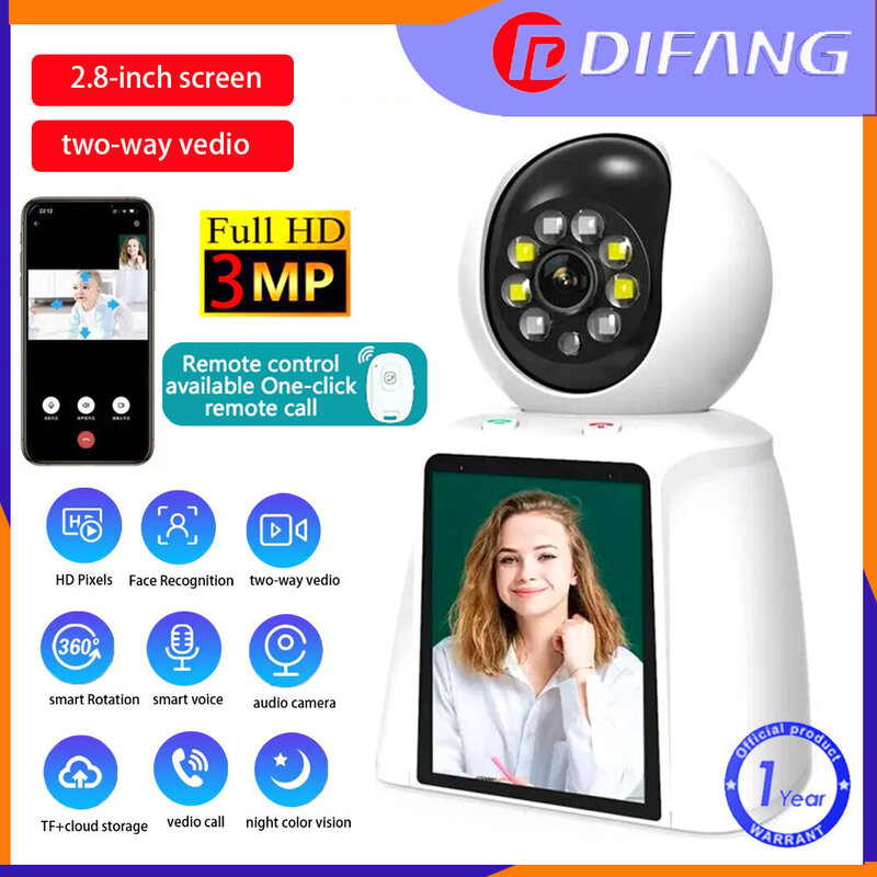 Difang-Monitor de bebé inalámbrico de 3MP, videollamadas bidireccionales, pantalla de 2,8 pulgadas, llamadas por Control remoto, Wifi interior, cámara IP de vigilancia PTZ