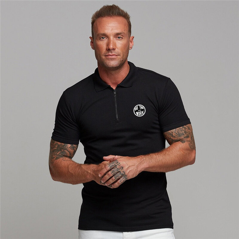 Styl angielski moda bawełna Fitness koszulka Polo męska koszulka Polo Zip Polo koszulki marki z krótkim rękawem siłownia odzież sportowa do kulturystyki