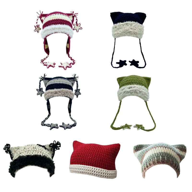 Bonnet tricoté pour femmes, Harajuku, pendentif étoile, oreillettes, Crochet fait à main, Y2K, doux chaud pour 2024
