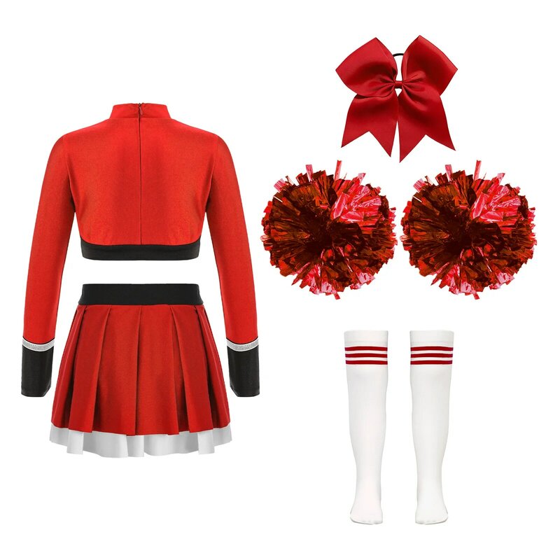 Детская униформа для девочек, Блестящий узор с буквами, короткий топ с длинным рукавом, рубашки + плиссированная юбка + головной убор + цветы рук + носки