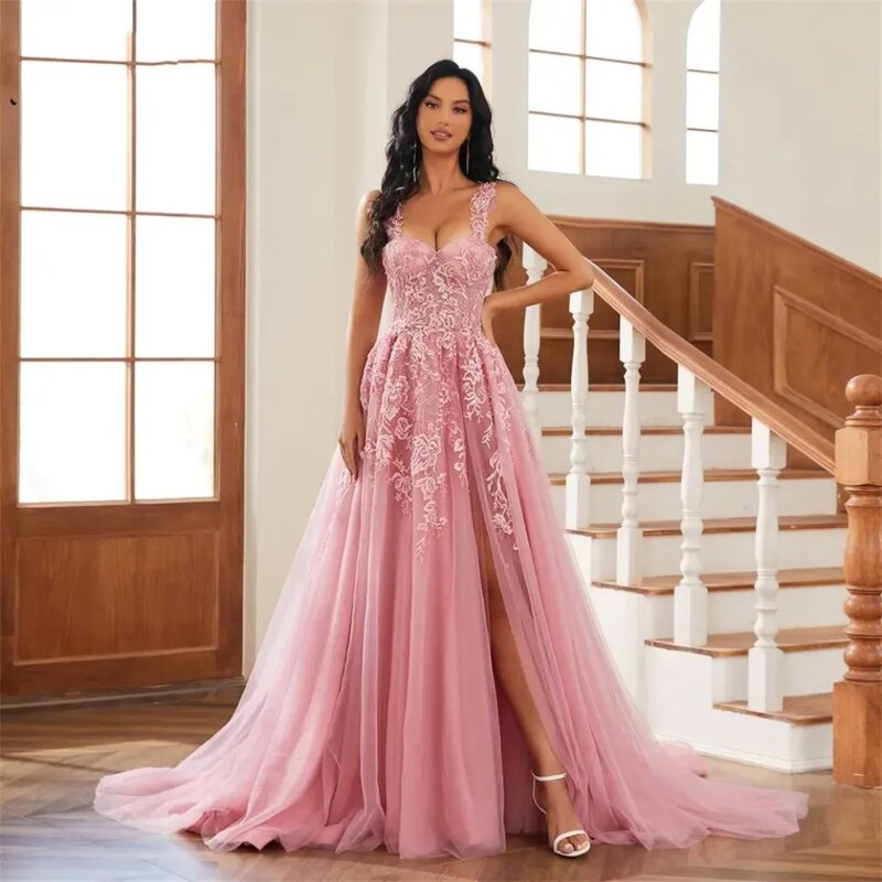 Elegant Pink Prom Dress Slip Straps V-Neck Lace Flowers Appliques A-Line Tulle Bridemaid Dress Evening Dress Wedding Party Gown