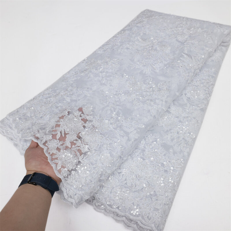 Latest White African Sequins Lace Fabrics Luxury Beaded Embroidery French Tulle Mesh Lace Fabric Material For Wedding LY2477