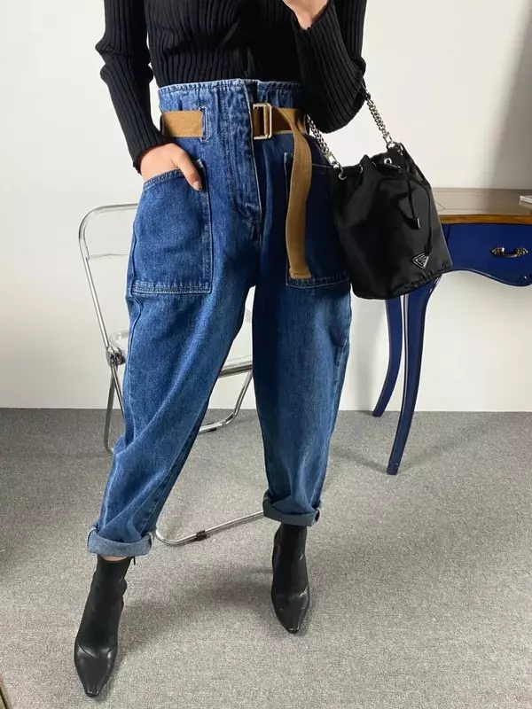 Mode Vintage Mutter Jean lose gewaschene Jeans hose 2024 Frauen koreanische hohe Taille knöchel lange Baggy Gürtel Harem Jeans Hose