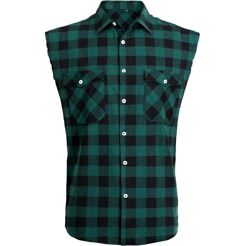2024 New Men's Sleeveless Plaid Front Shirt Beach Cool Tops Baroque Short Sleeve Printed Button Clothing Casual Fashion Blouse