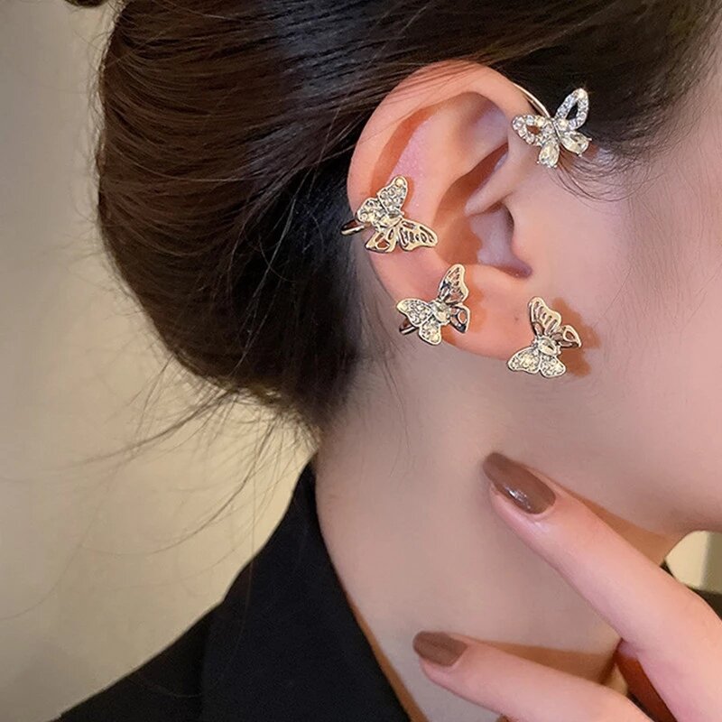 Silver Plated Metal Butterfly Ear Clips para Mulheres, Ear Cuff, No Piercing, Sparkling Zircon Earrings, Wedding Jewelry