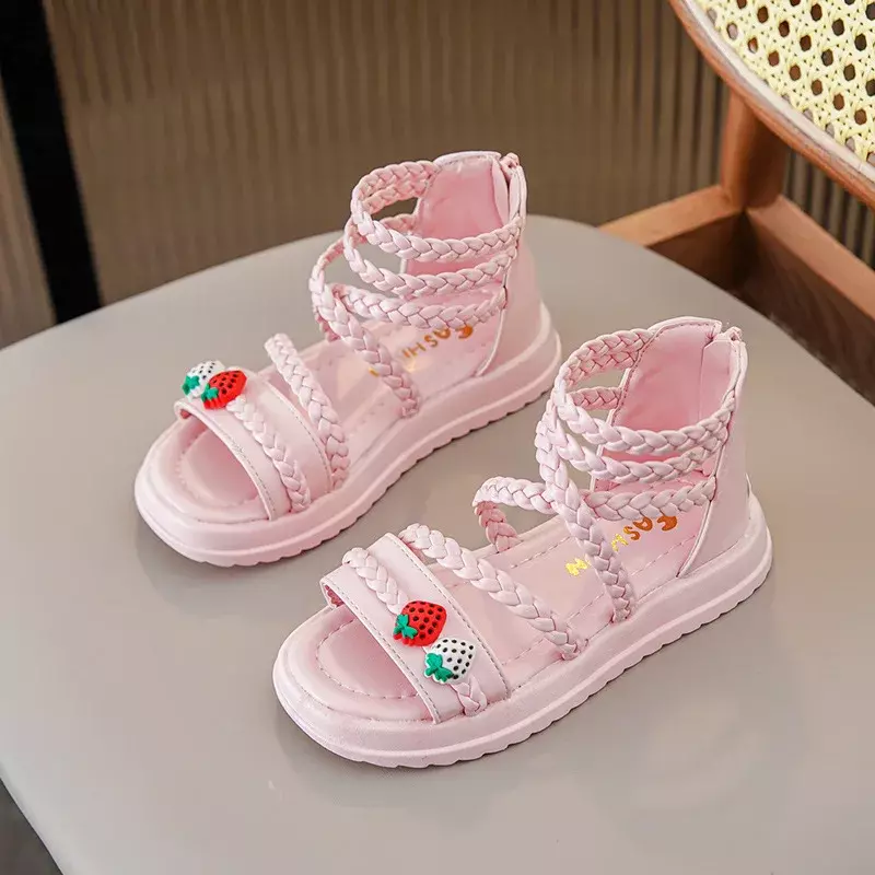 Children's Sandals Summer Cute Strawberry Girls Princess Roman Sandals Fashion Knitted Kids Causal Open-toe Gladiator Sandals