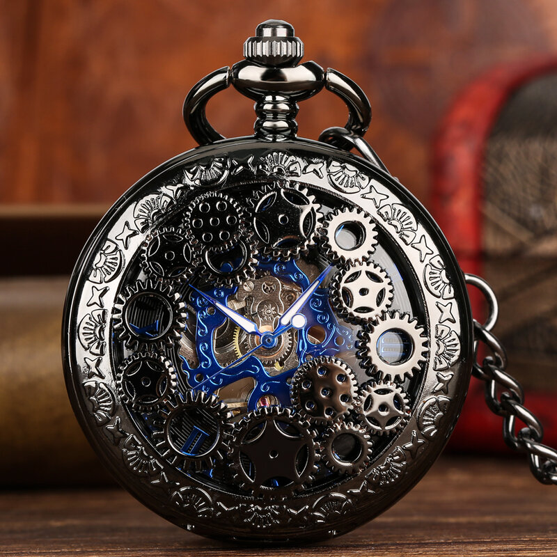 Royal Blue Roman Numerals Men's Manual Mechanical Pocket Watch Black Gears Hollow Design Pocket Chain Pendant Vintage Clock