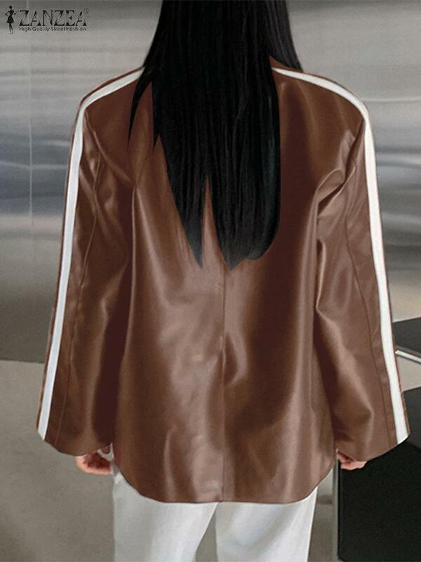 ZANZEA 여성용 턴다운 칼라 코트, PU 가죽 블레이저 재킷, 한국 긴 소매 멋진 패치워크, 캐주얼 얇은 아우터, 스트리트웨어