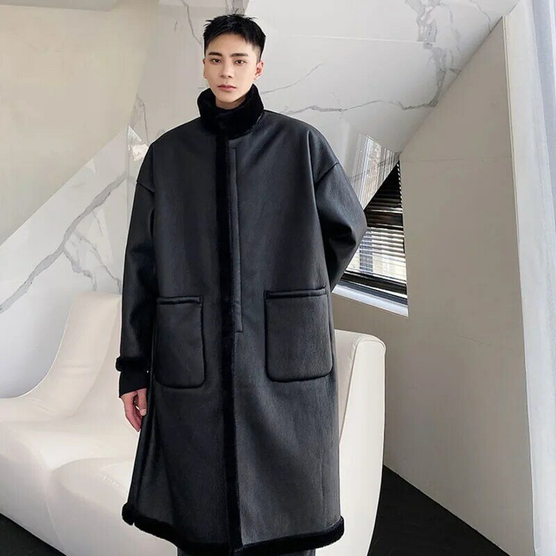 Зимнее утепленное длинное пальто из искусственного меха, Трендовое мужское шерстяное пальто из темной кожи, теплые плюшевые хлопковые куртки, модная одежда