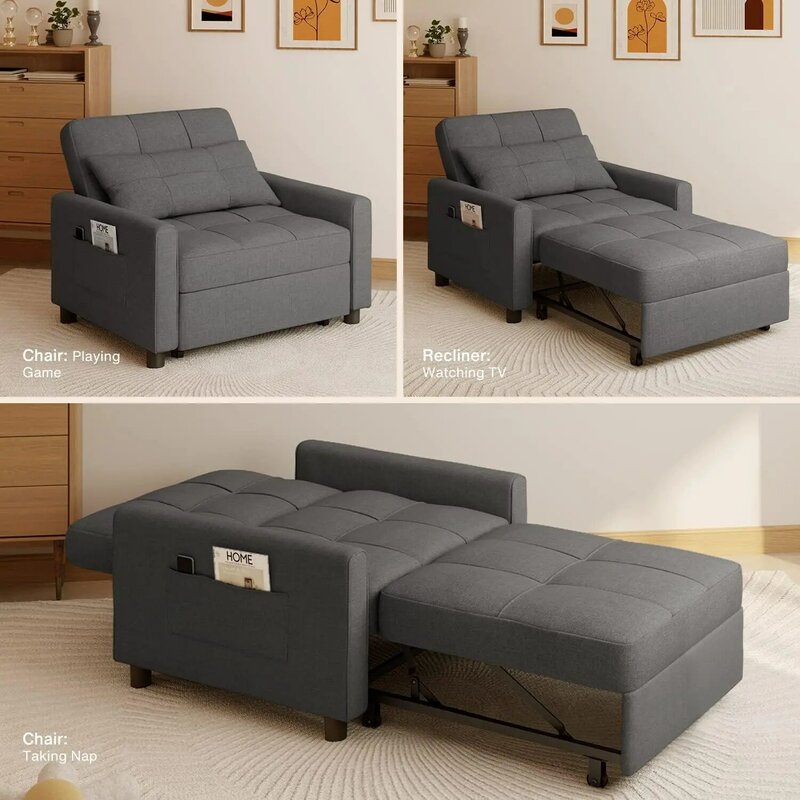 سرير أريكة Futon قابل للتحويل ، كرسي نوم متعدد الوظائف 3 في 1 ، مسند ظهر قابل للتعديل ، كرسي مع قماش كتان حديث
