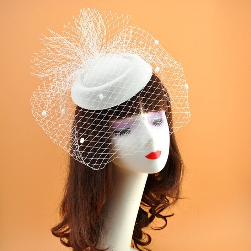 قبعة نسائية رائعة من اللباد، حجاب شبكي صغير، مشابك شعر ذات نقطة مموجة من القطيفة N7YD