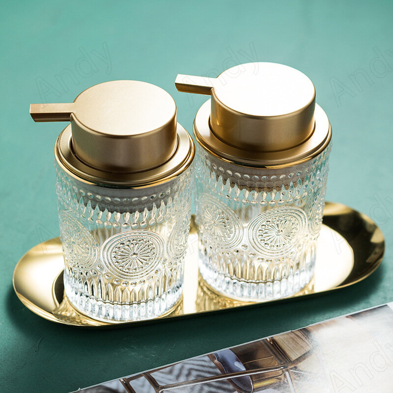 Europese Glas Zeep Fles Gouden Slag Decoratieve Desktop Shampoo Druk Fles Set Moderne Relief Thuis Badkamer Accessoires