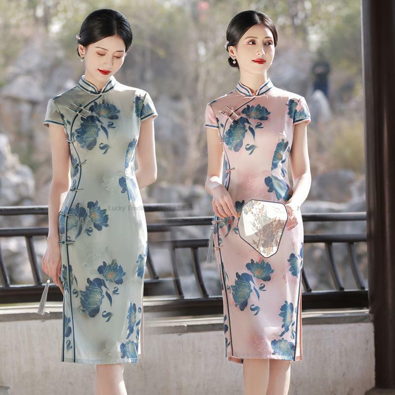 Mid-length Modern Melhorado Cheongsam Estilo Chinês Diário Retro Modificado De Seda Qipao Mãe Verão Vestidos Mulher Vestido De Noiva