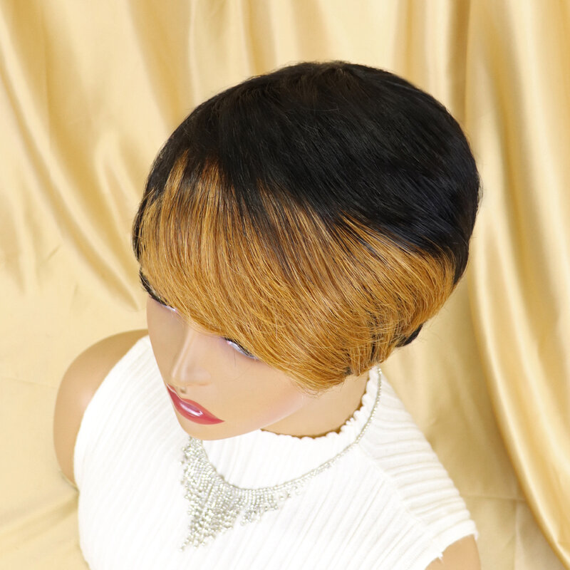 Peluca de cabello humano brasileño con flequillo para mujeres negras, corte Pixie corto, hecha a máquina, sin pegamento