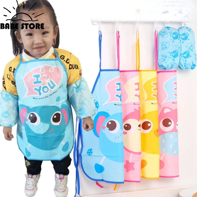 Cute Cartoon Children Apron Sleeves Chef Hat Pocket Set Kids Craft Art Kitchen Cooking Chef Suit Drink Food Baking Toys for 3-8Y